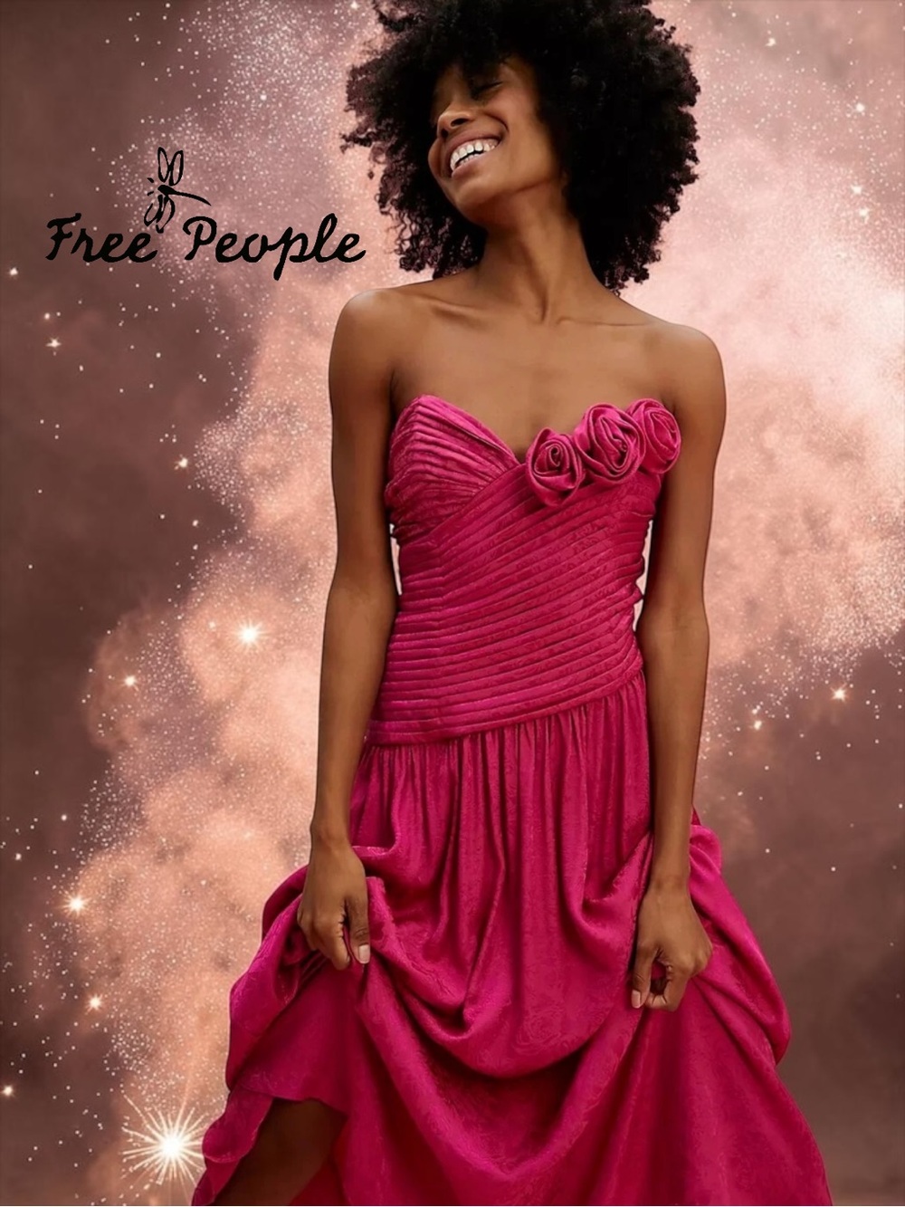 NWT Free People Make An Entrance Strapless Rosette Maxi Dress Fuchsia Size 8